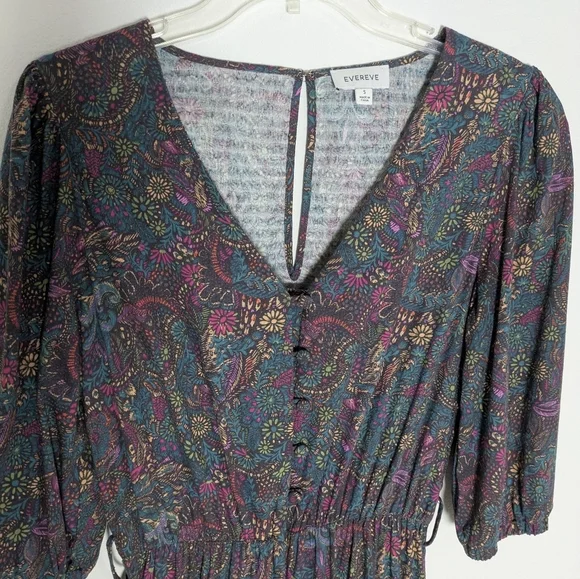 EVEREVE WOMENS floral Fall jumpsuit 3/4 ballon sleeves ockets cotton blend Small - Picture 7 of 15
